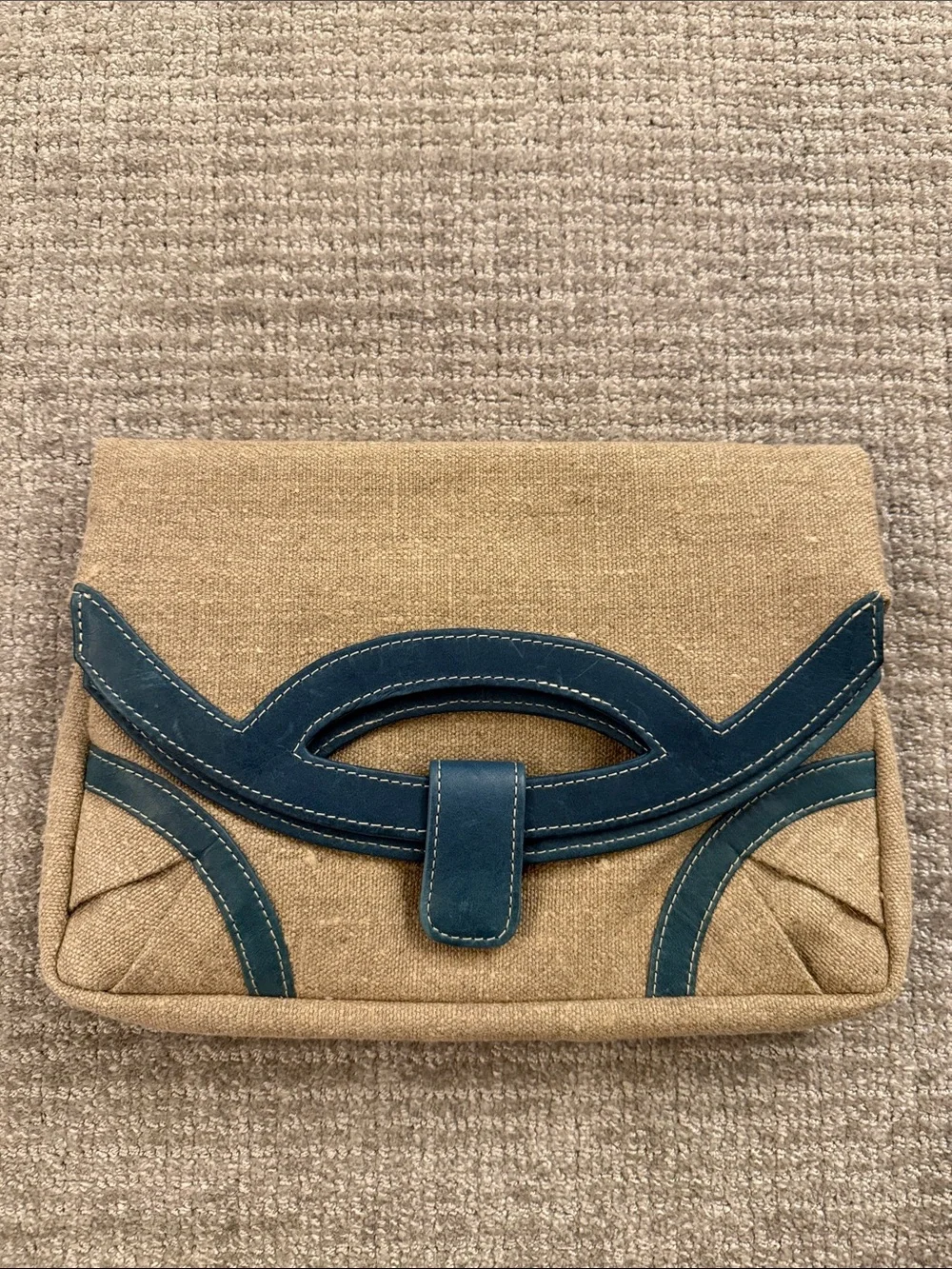 Lauren Merlin Neutral Canvas Clutch with Teal Trim